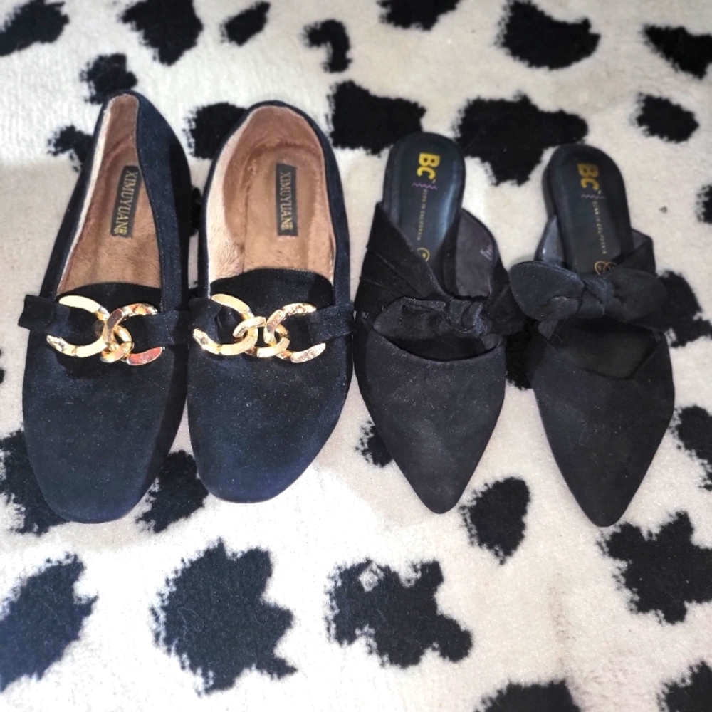 Two Pairs of black flat Shoes Size 6.5 Mule and Loafer Style
